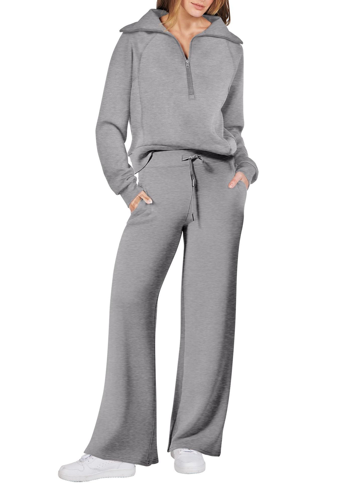 Women’s Two-Piece Sports Suit – Long Sleeve Zipper Sweatshirt & Wide Leg Pants Set
