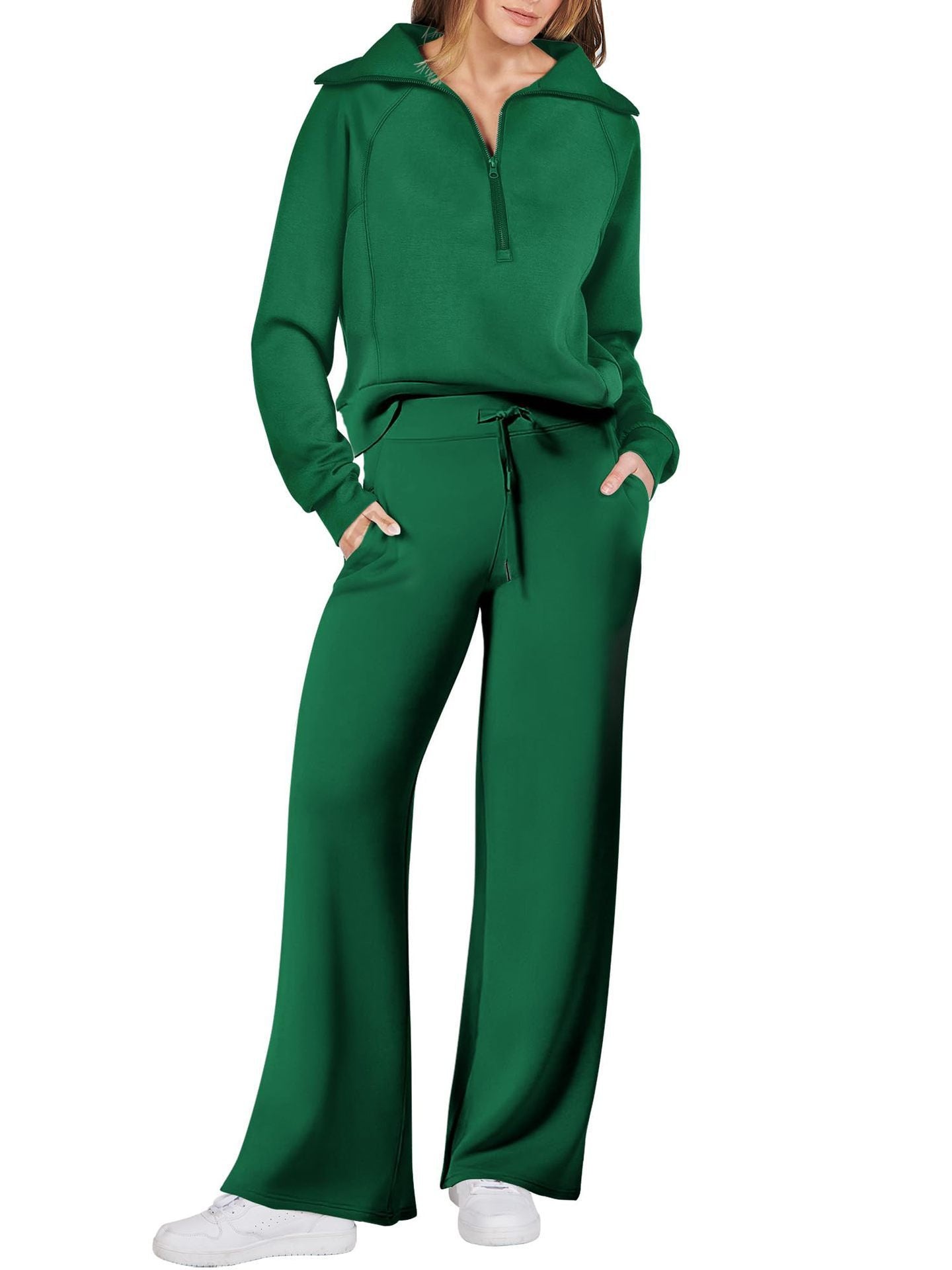 Women’s Two-Piece Sports Suit – Long Sleeve Zipper Sweatshirt & Wide Leg Pants Set