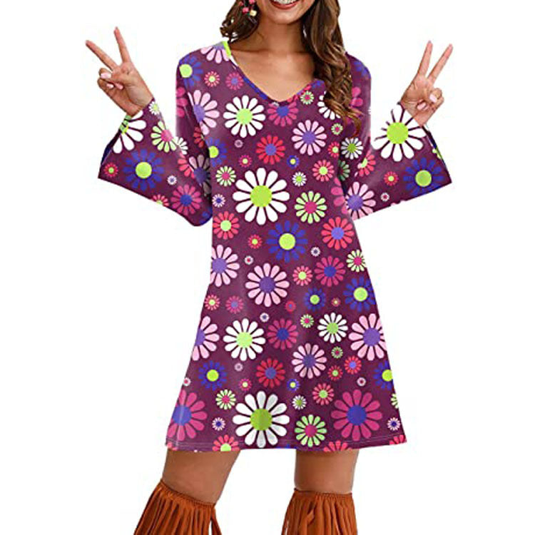 Women’s Hippie Print Dress – Boho Floral Vintage Style Summer Outfit