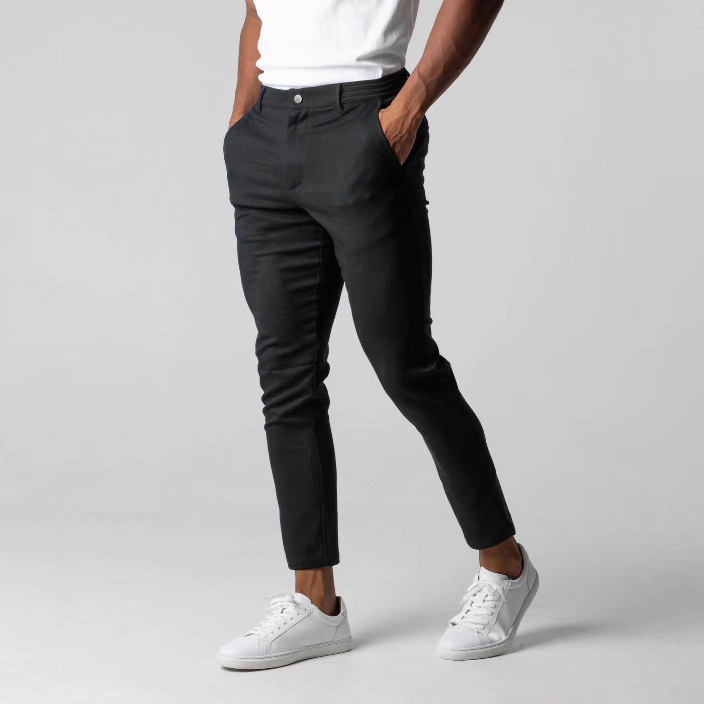 Men’s Elegant Slim Fit Business Pants – Solid Color Trousers with Elastic Waist & Pockets