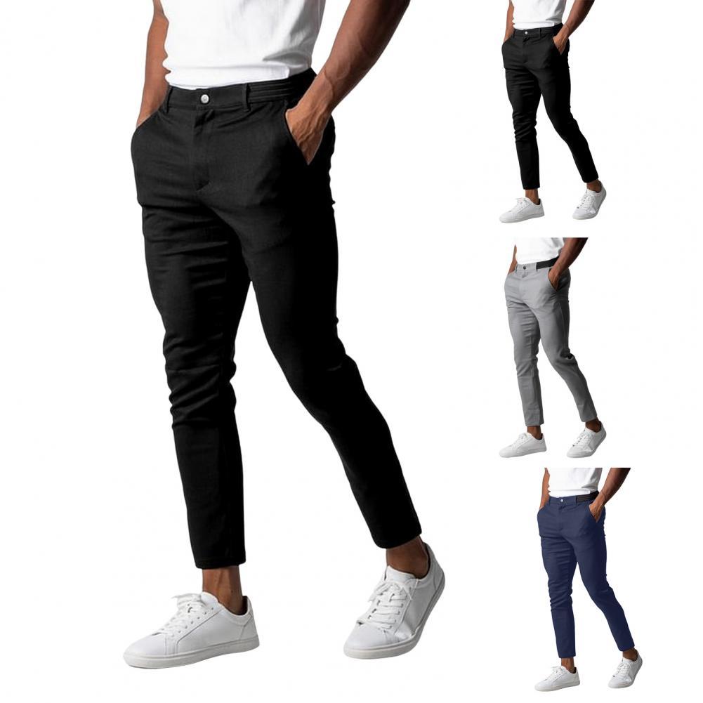 Men’s Elegant Slim Fit Business Pants – Solid Color Trousers with Elastic Waist & Pockets