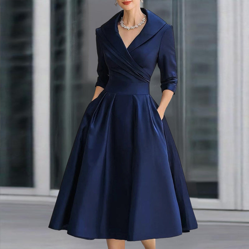 Women’s Elegant V-Neck Midi Dress – Solid Flared Skirt with Pockets