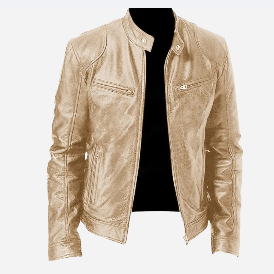 Men’s PU Leather Jacket – Zip-Up Stand Collar Cardigan with Pockets, Short Fashion Top