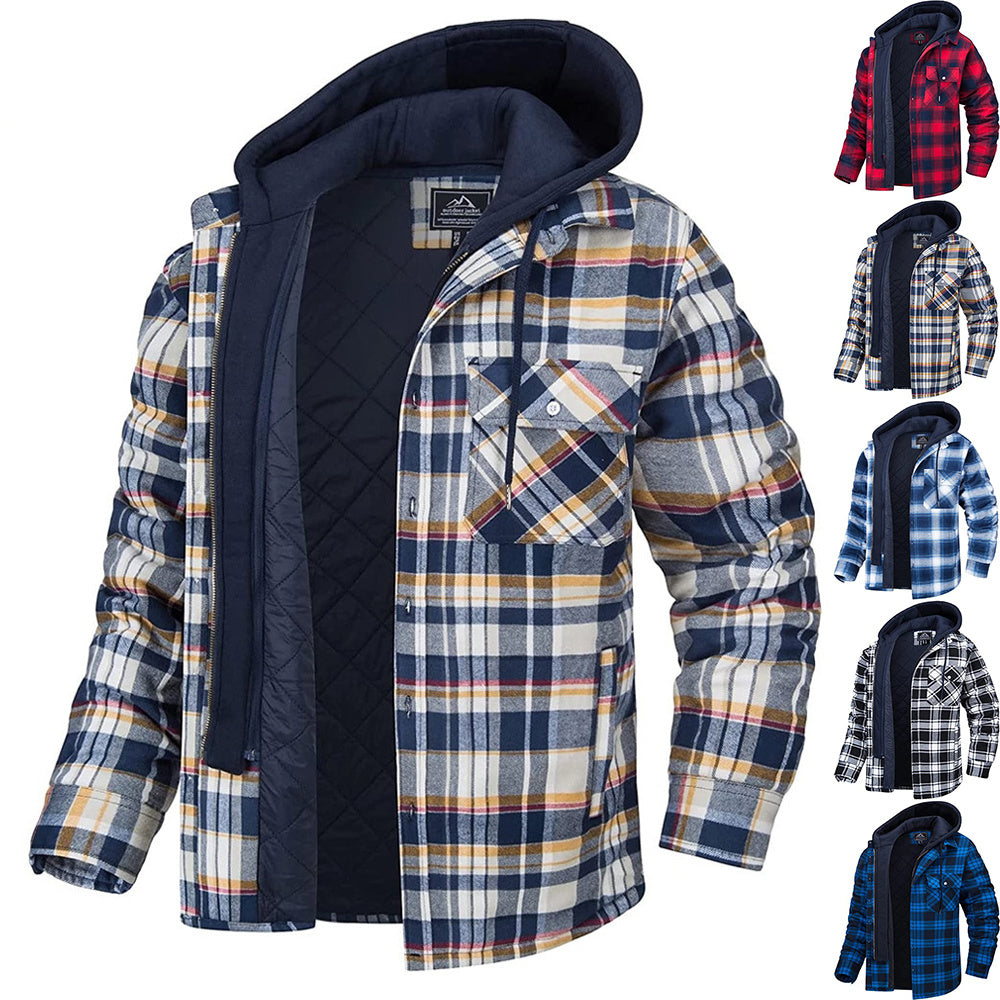 Men's Winter Plaid Hooded Coat – Warm Padded Zip-Up Jacket with Buttons