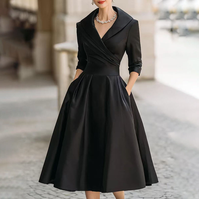 Women’s Elegant V-Neck Midi Dress – Solid Flared Skirt with Pockets
