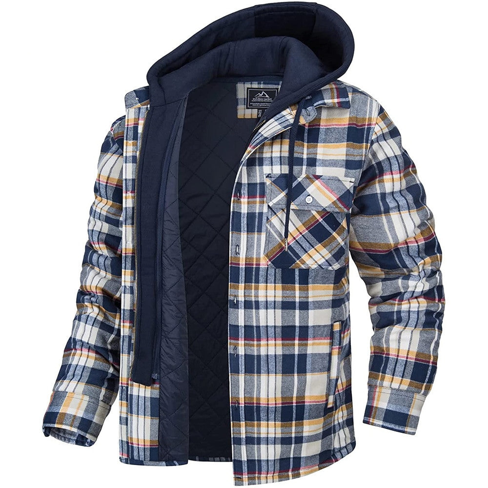 Men's Winter Plaid Hooded Coat – Warm Padded Zip-Up Jacket with Buttons