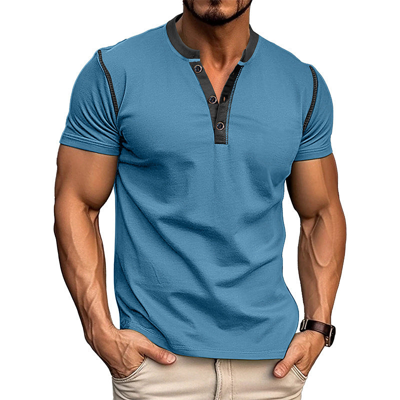 Men’s Summer T-Shirt – Short Sleeve Polo Shirt with V-Neck and Button Detail