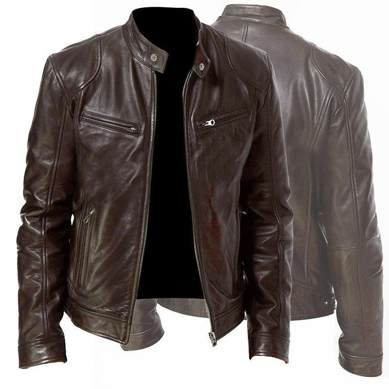 Men’s PU Leather Jacket – Zip-Up Stand Collar Cardigan with Pockets, Short Fashion Top