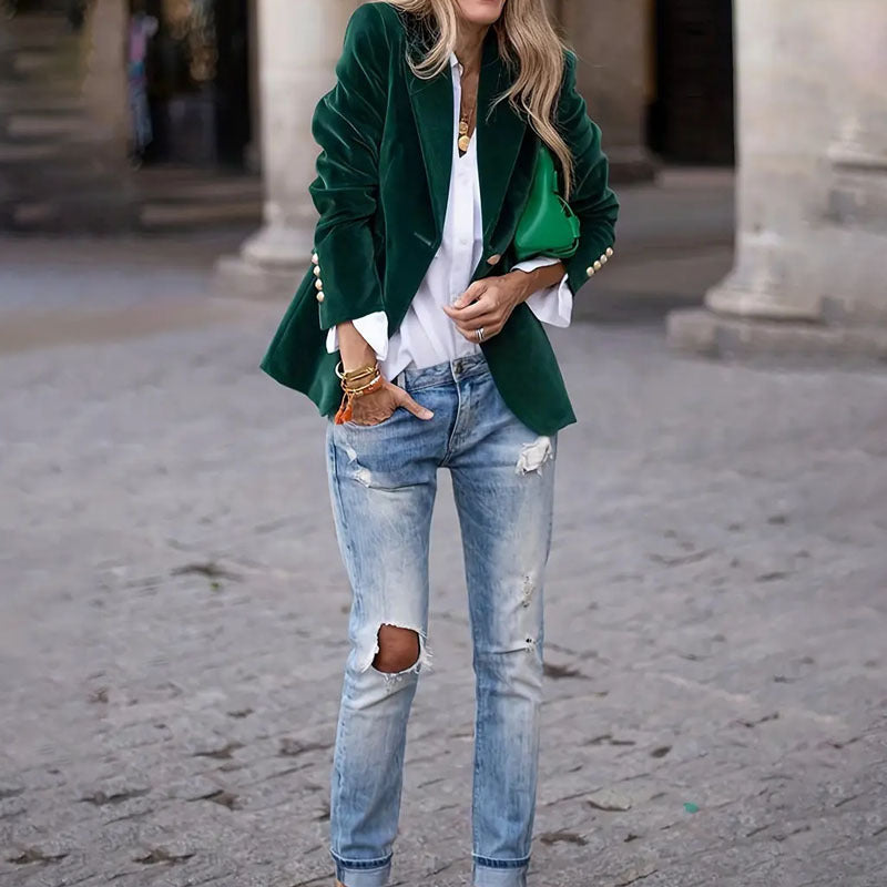 Elegant Velvet Lapel Blazer – Business Casual Jacket for Women