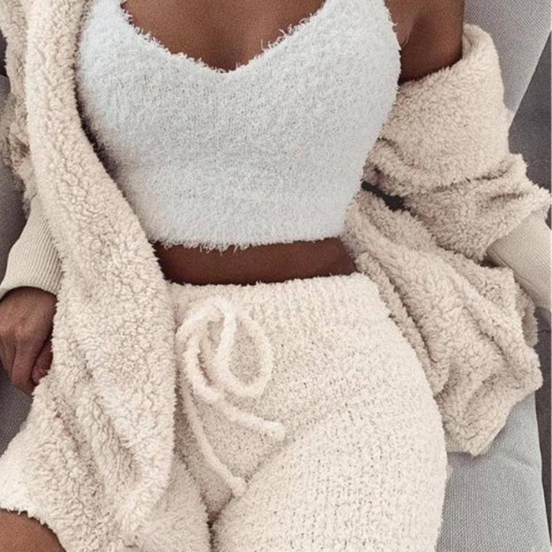 Women’s 3-Piece Pajama Set – Long Sleeve Crop Top, Tank & Drawstring Shorts