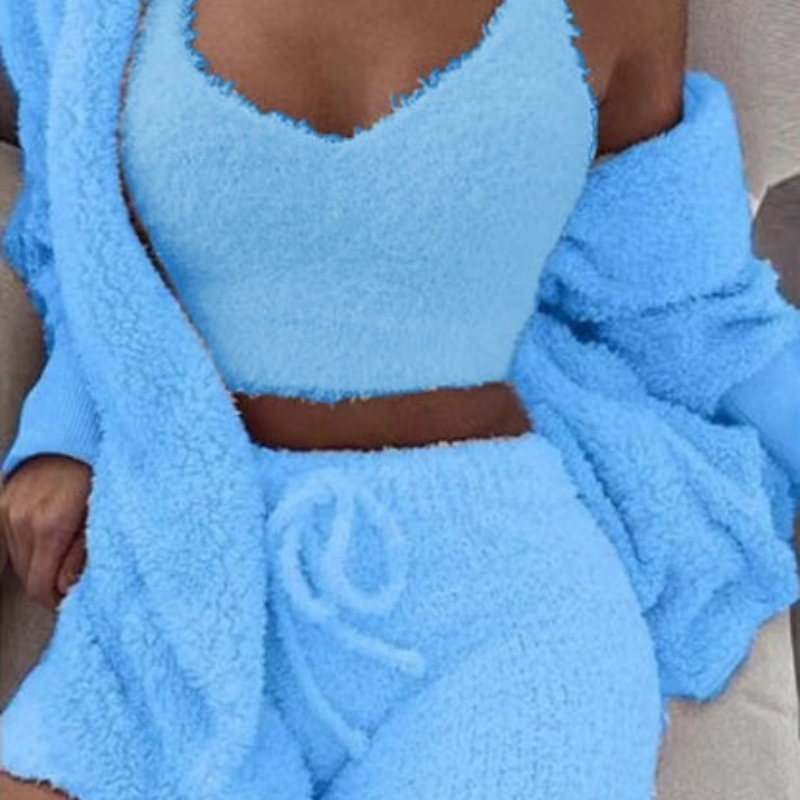 Women’s 3-Piece Pajama Set – Long Sleeve Crop Top, Tank & Drawstring Shorts