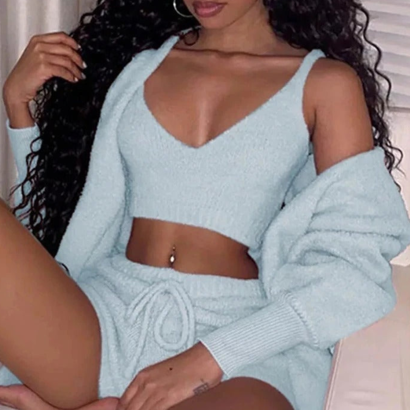Women’s 3-Piece Pajama Set – Long Sleeve Crop Top, Tank & Drawstring Shorts