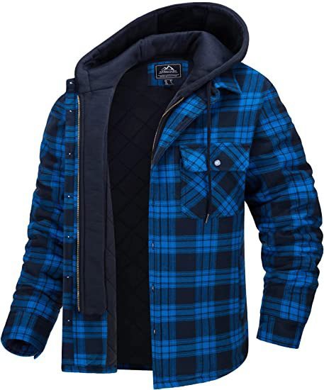 Men's Winter Plaid Hooded Coat – Warm Padded Zip-Up Jacket with Buttons