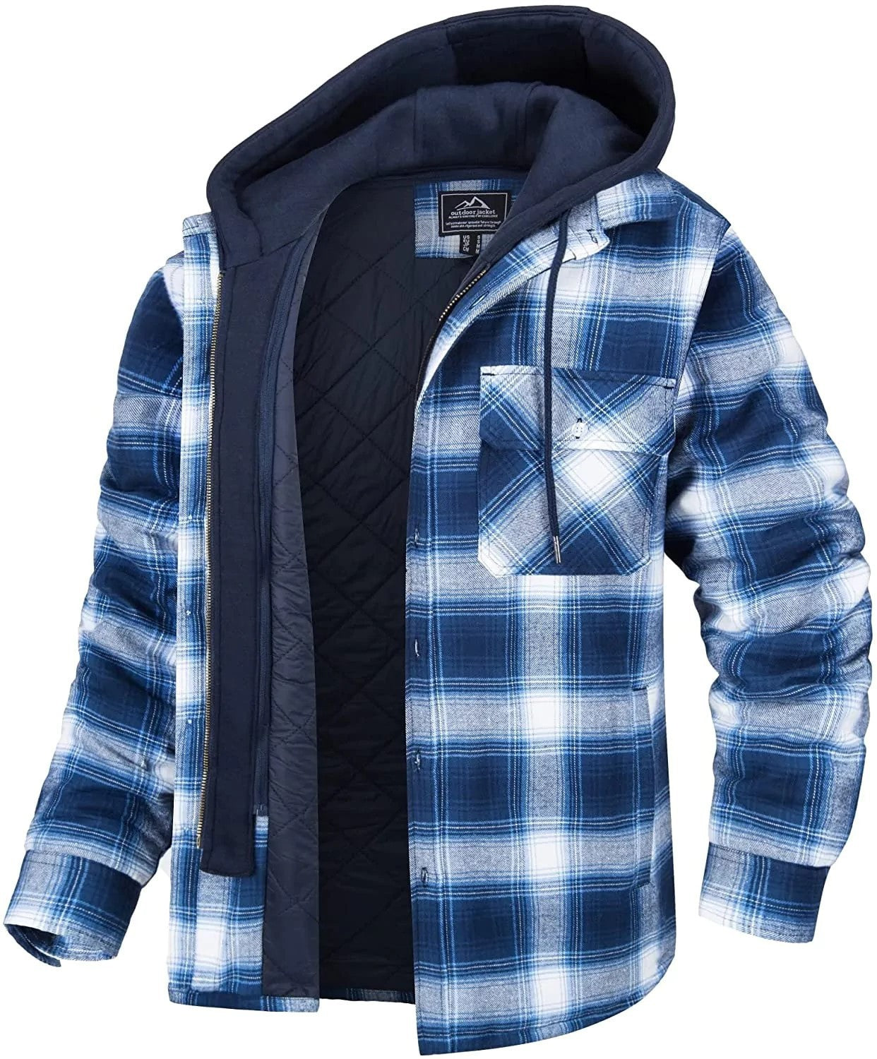 Men's Winter Plaid Hooded Coat – Warm Padded Zip-Up Jacket with Buttons
