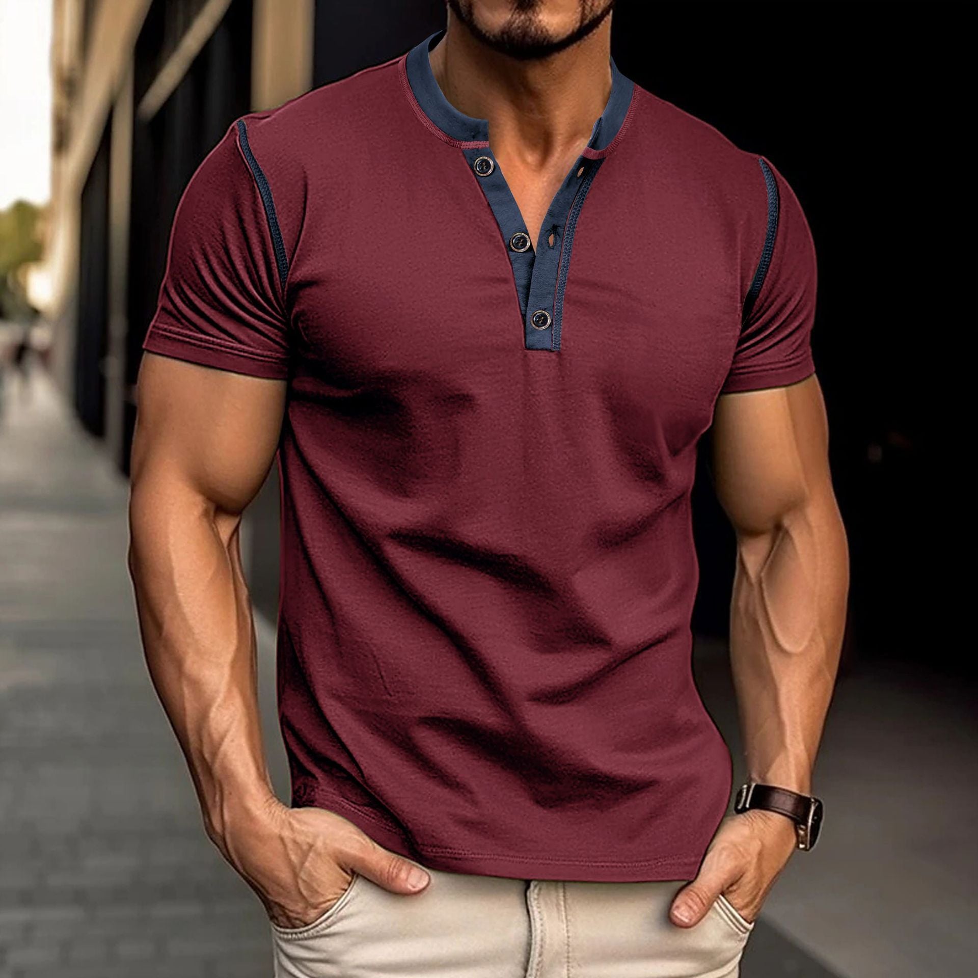 Men’s Summer T-Shirt – Short Sleeve Polo Shirt with V-Neck and Button Detail