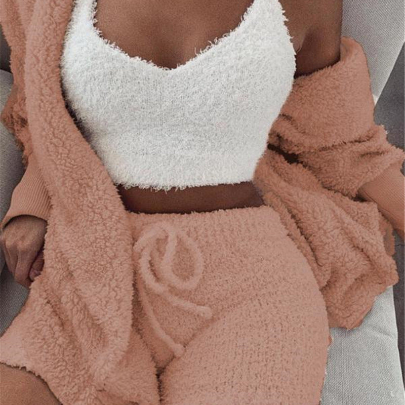 Women’s 3-Piece Pajama Set – Long Sleeve Crop Top, Tank & Drawstring Shorts