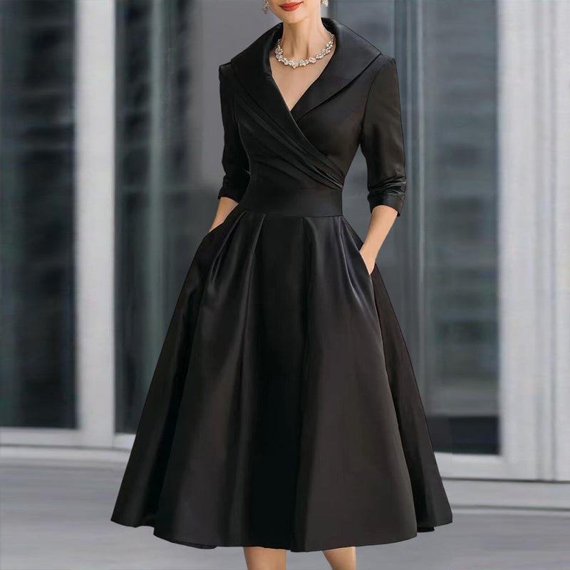 Women’s Elegant V-Neck Midi Dress – Solid Flared Skirt with Pockets