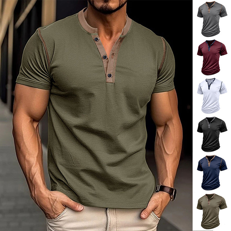 Men’s Summer T-Shirt – Short Sleeve Polo Shirt with V-Neck and Button Detail