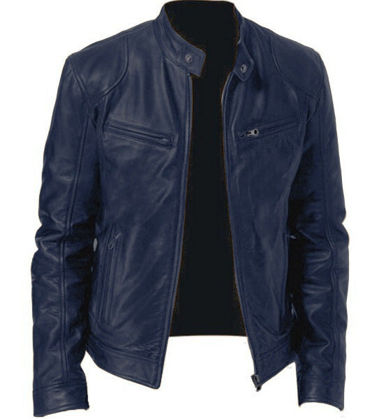 Men’s PU Leather Jacket – Zip-Up Stand Collar Cardigan with Pockets, Short Fashion Top